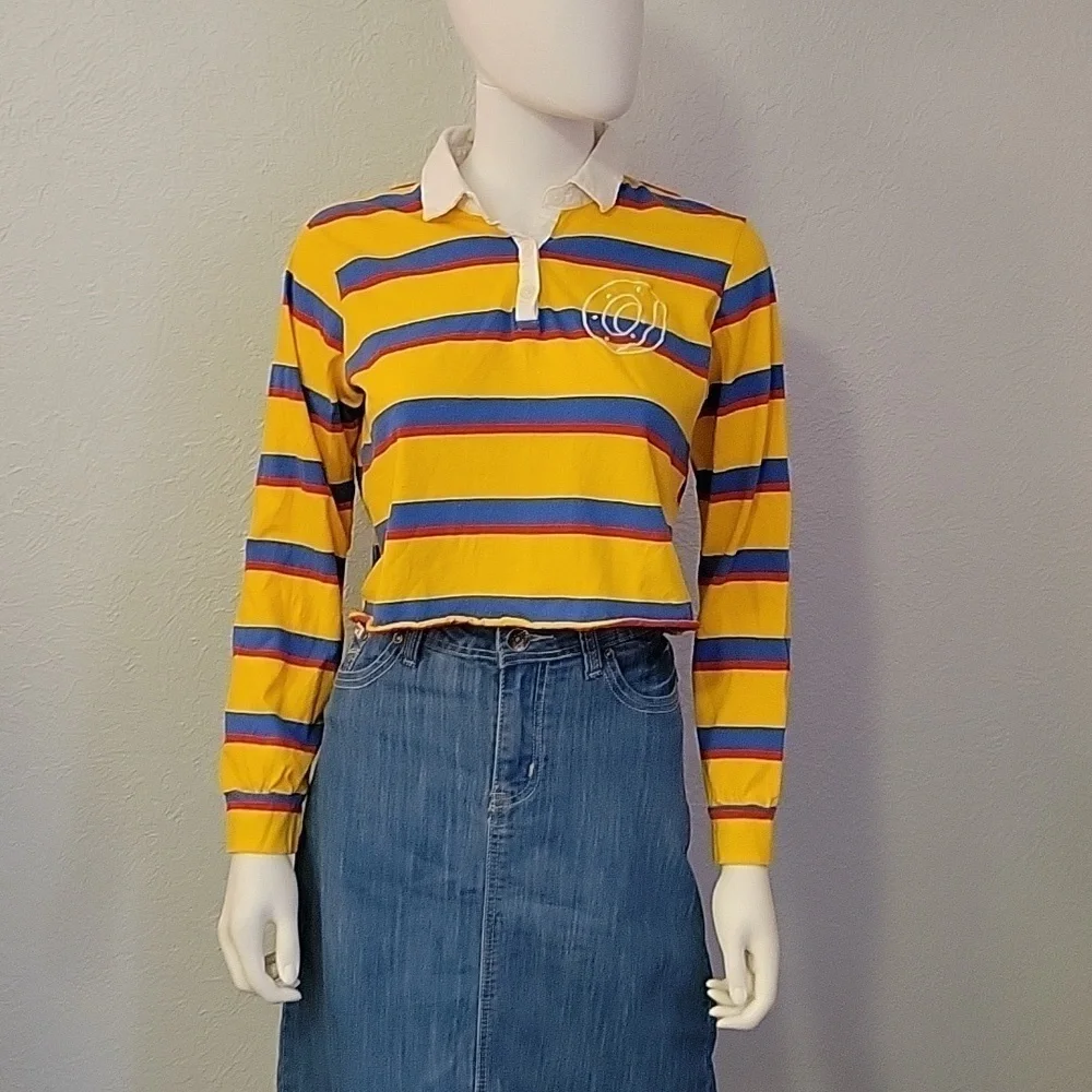 VTG ODD FUTURE Canary Yellow Striped Cropped Long Sleeve Baddie Rugby Shirt - Picture 3 of 7